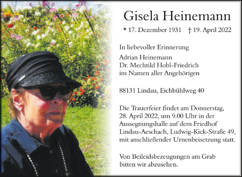  Traueranzeige für Gisela Heinemann vom 23.04.2022 aus Schwäbische Zeitung
