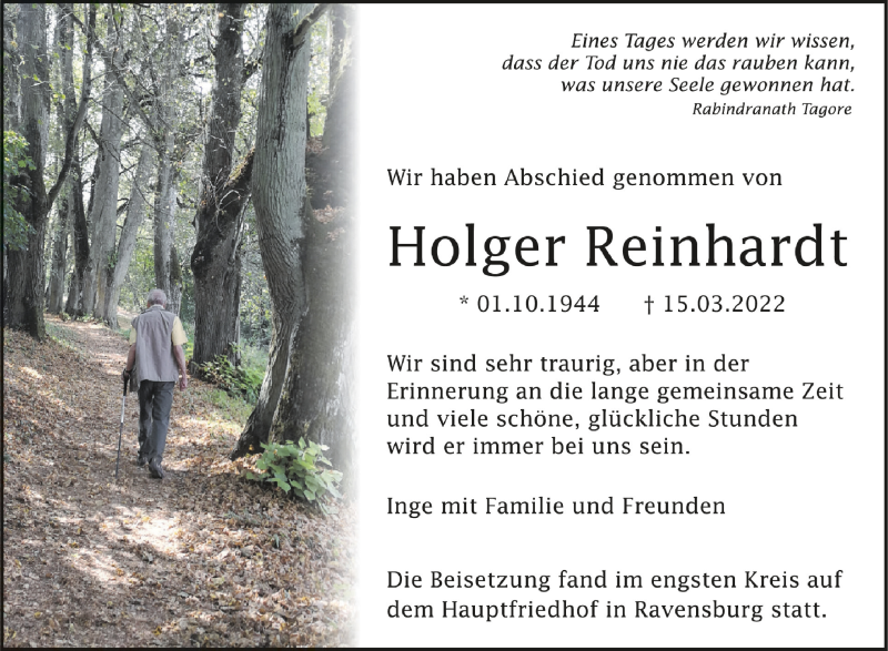  Traueranzeige für Holger Reinhardt vom 09.04.2022 aus Schwäbische Zeitung