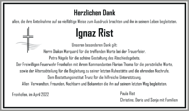  Traueranzeige für Ignaz Rist vom 08.04.2022 aus Schwäbische Zeitung