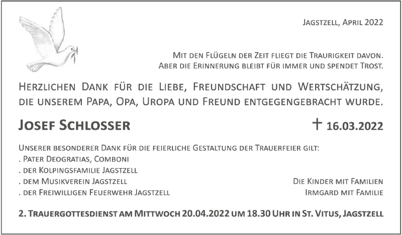  Traueranzeige für Josef Schlosser vom 13.04.2022 aus Schwäbische Zeitung