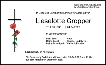 Anzeige von Lieselotte Gropper von Schwäbische Zeitung