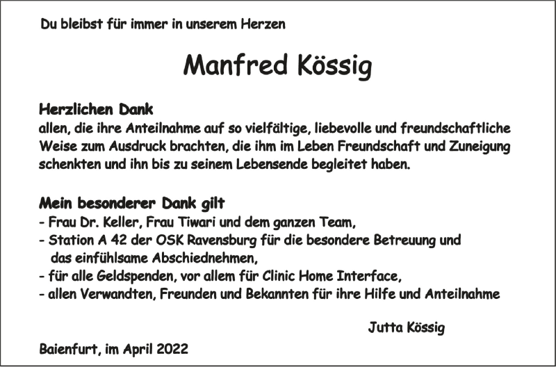  Traueranzeige für Manfred Kössig vom 02.04.2022 aus Schwäbische Zeitung