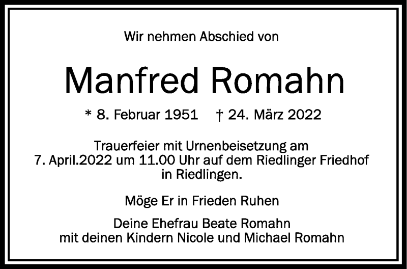  Traueranzeige für Manfred Romahn vom 01.04.2022 aus Schwäbische Zeitung