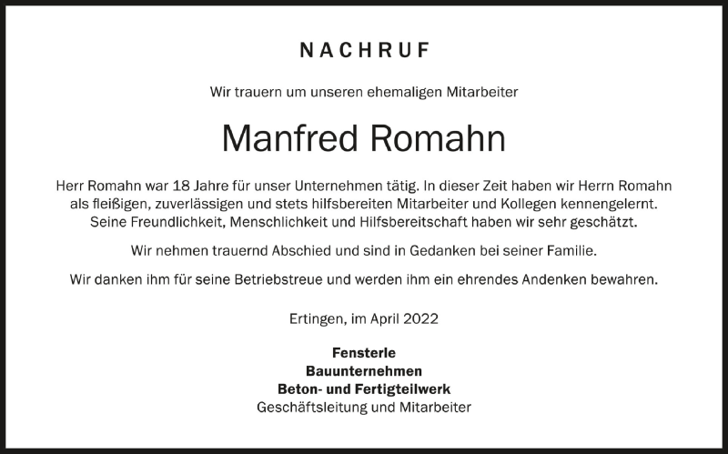  Traueranzeige für Manfred Romahn vom 07.04.2022 aus Schwäbische Zeitung