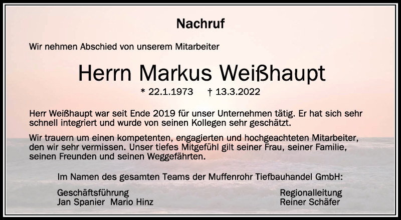  Traueranzeige für Markus Weißhaupt vom 02.04.2022 aus Schwäbische Zeitung