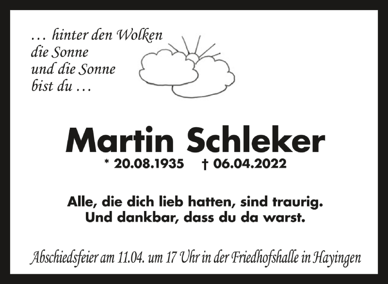  Traueranzeige für Martin Schleker vom 09.04.2022 aus Schwäbische Zeitung