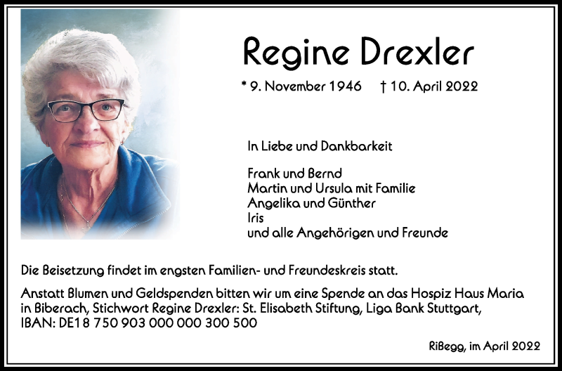  Traueranzeige für Regine Drexler vom 23.04.2022 aus Schwäbische Zeitung