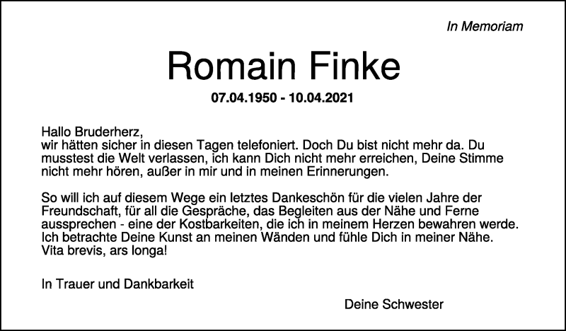  Traueranzeige für Romain Finke vom 09.04.2022 aus Schwäbische Zeitung