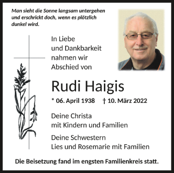 Anzeige von Rudi Haigis von Schwäbische Zeitung