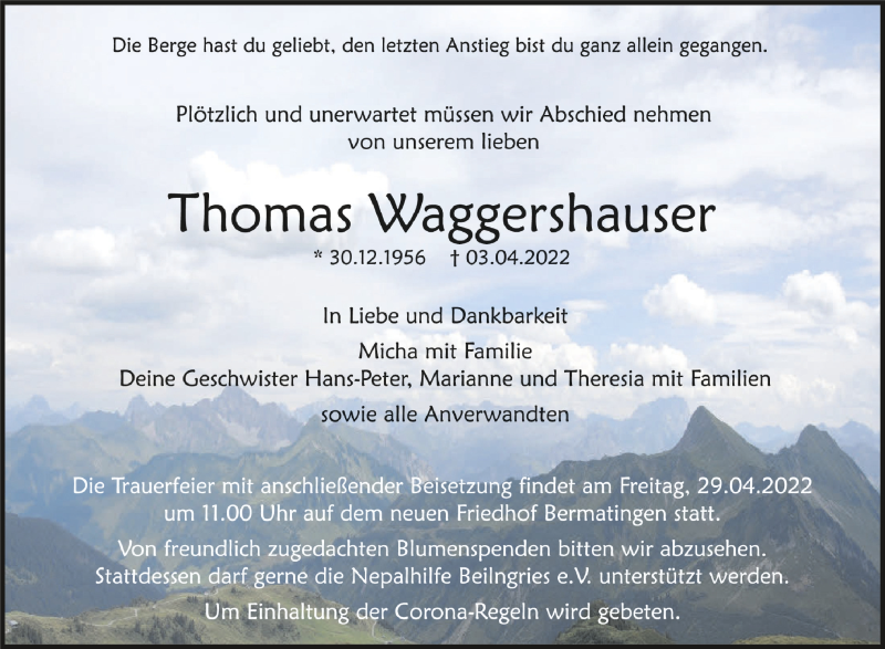  Traueranzeige für Thomas Waggershauser vom 23.04.2022 aus Schwäbische Zeitung