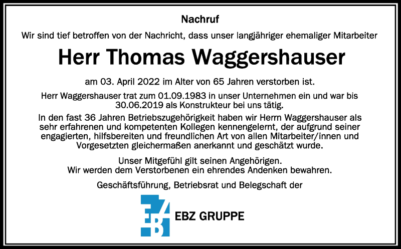  Traueranzeige für Thomas Waggershauser vom 23.04.2022 aus Schwäbische Zeitung