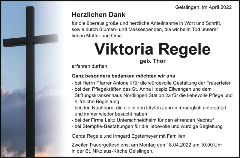  Traueranzeige für Viktoria Regele vom 14.04.2022 aus Schwäbische Zeitung