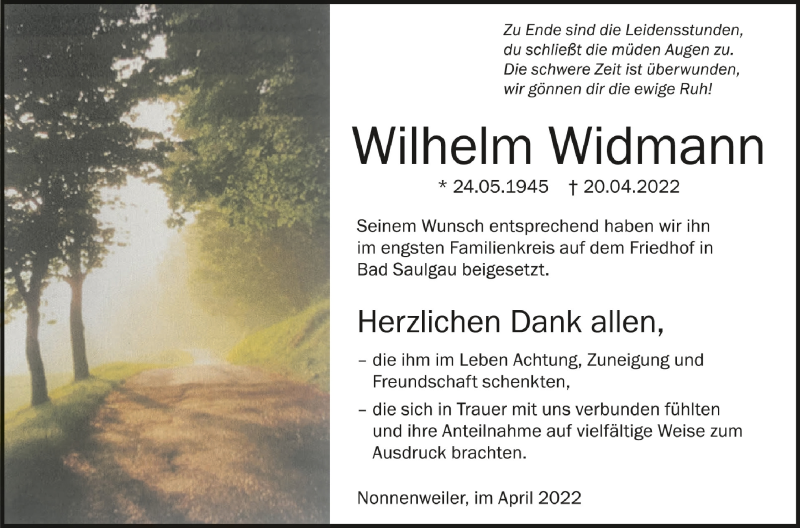  Traueranzeige für Wilhelm Widmann vom 30.04.2022 aus Schwäbische Zeitung