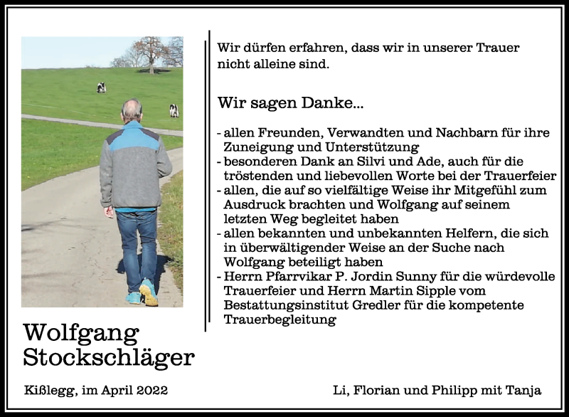  Traueranzeige für Wolfgang Stockschläger vom 02.04.2022 aus Schwäbische Zeitung