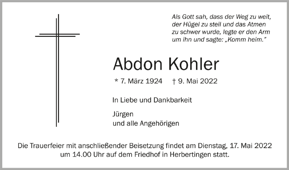  Traueranzeige für Abdon Kohler vom 14.05.2022 aus Schwäbische Zeitung