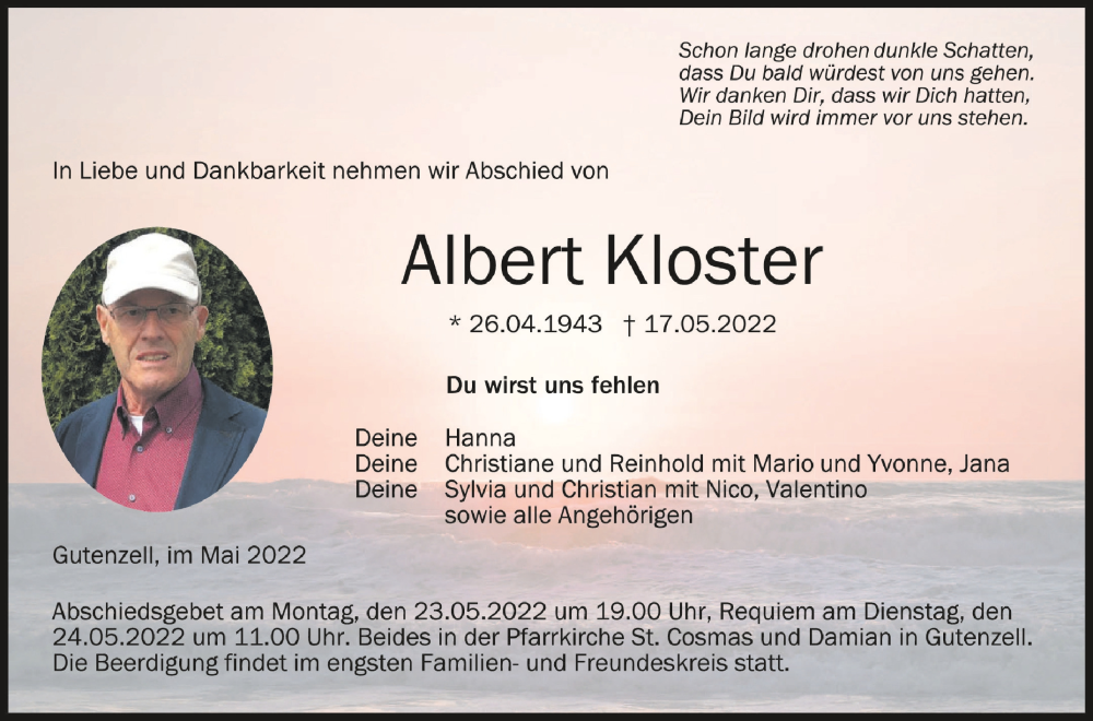  Traueranzeige für Albert Kloster vom 21.05.2022 aus Schwäbische Zeitung