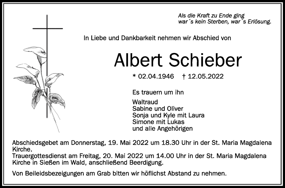  Traueranzeige für Albert Schieber vom 17.05.2022 aus Schwäbische Zeitung
