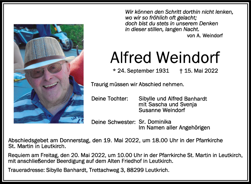  Traueranzeige für Alfred Weindorf vom 17.05.2022 aus Schwäbische Zeitung