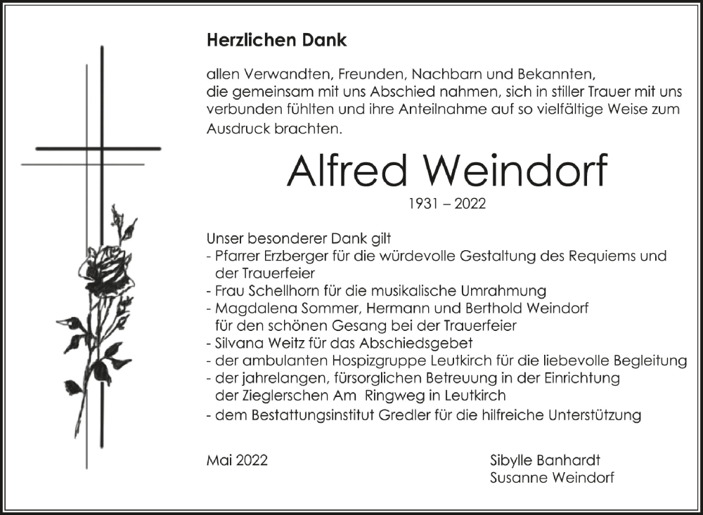 Traueranzeige für Alfred Weindorf vom 28.05.2022 aus Schwäbische Zeitung