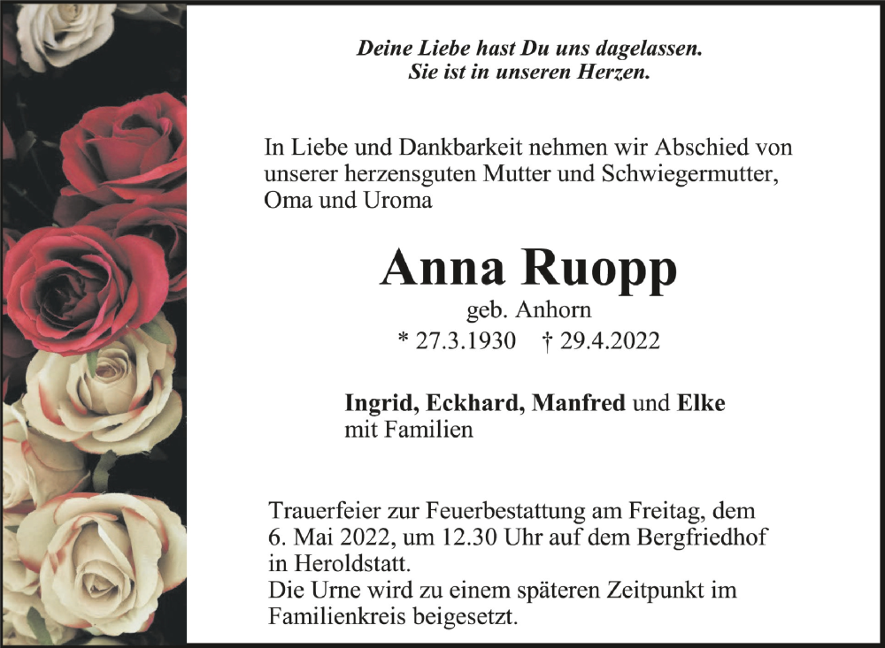  Traueranzeige für Anna Ruopp vom 04.05.2022 aus Schwäbische Zeitung