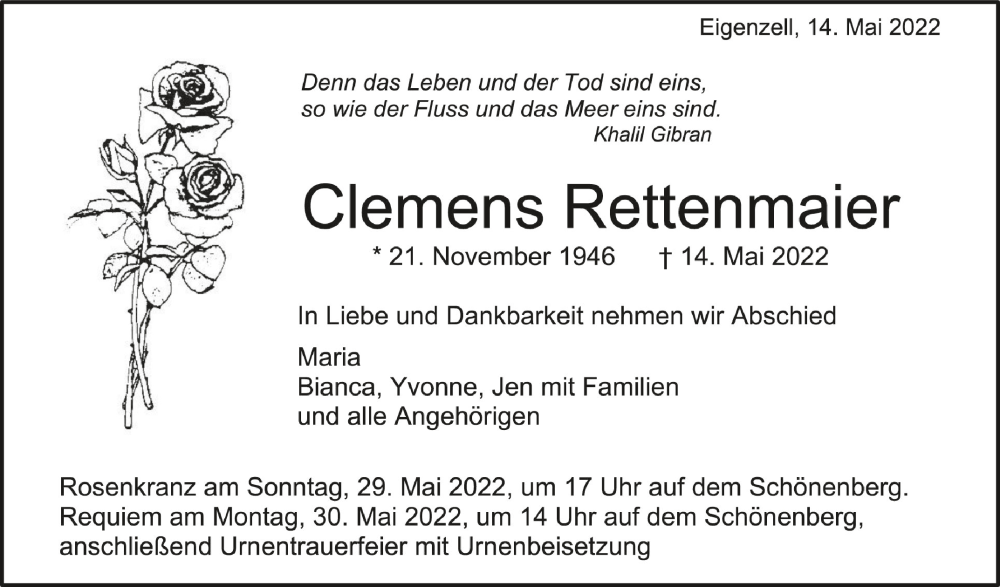  Traueranzeige für Clemens Rettenmaier vom 18.05.2022 aus Schwäbische Zeitung