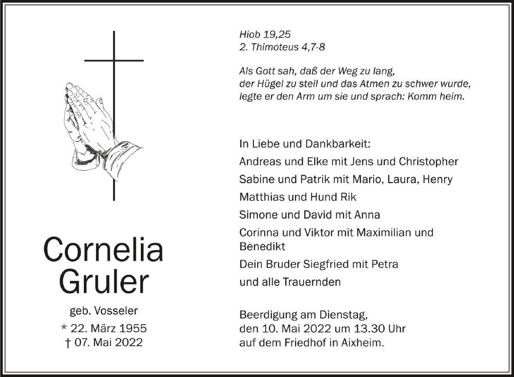  Traueranzeige für Cornelia Gruler vom 09.05.2022 aus Schwäbische Zeitung