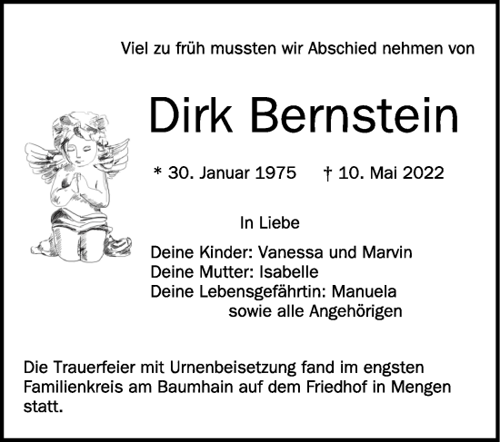 Anzeige von Dirk Bernstein von Schwäbische Zeitung