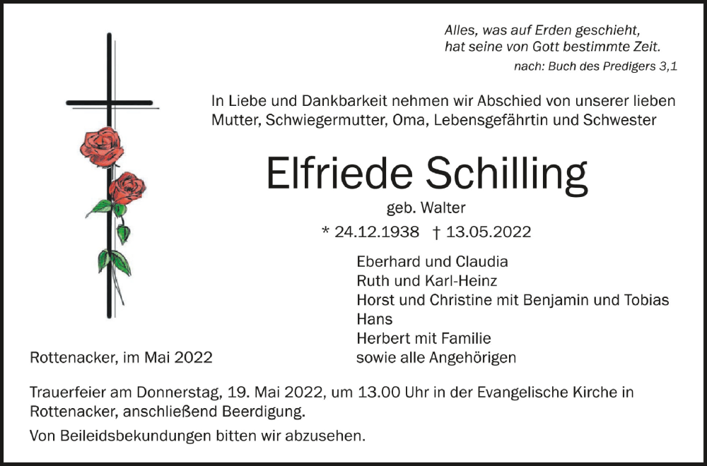  Traueranzeige für Elfriede Schilling vom 17.05.2022 aus Schwäbische Zeitung