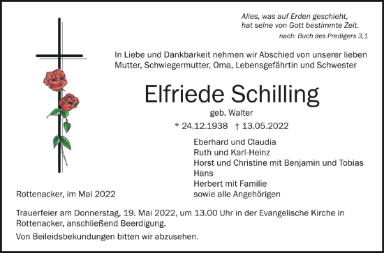 Anzeige von Elfriede Schilling von Schwäbische Zeitung
