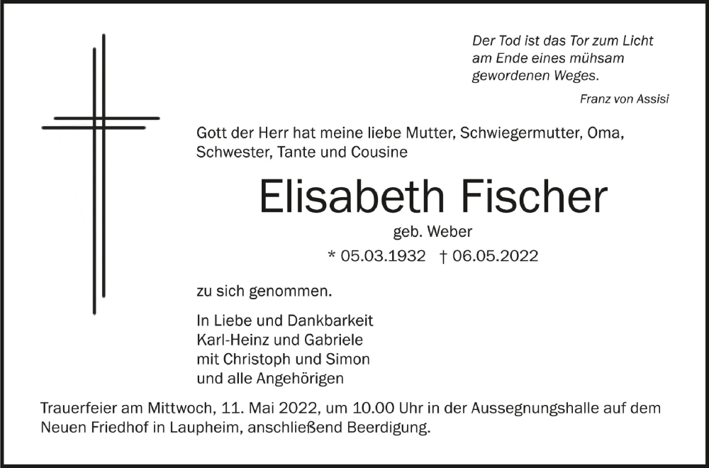  Traueranzeige für Elisabeth Fischer vom 09.05.2022 aus Schwäbische Zeitung