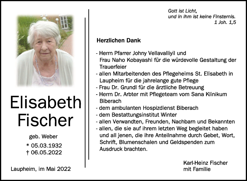  Traueranzeige für Elisabeth Fischer vom 28.05.2022 aus Schwäbische Zeitung