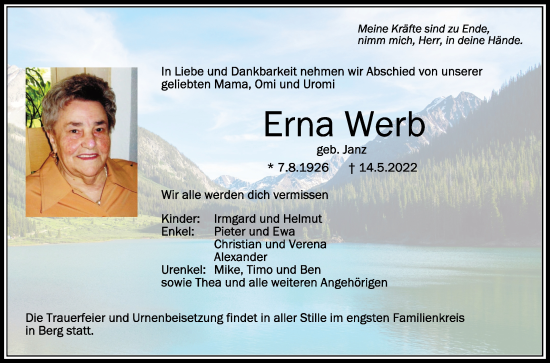 Anzeige von Erna Werb von Schwäbische Zeitung