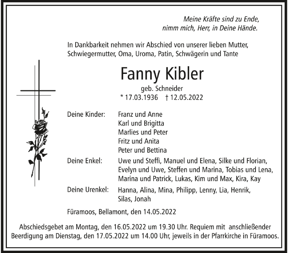  Traueranzeige für Fanny Kibler vom 14.05.2022 aus Schwäbische Zeitung
