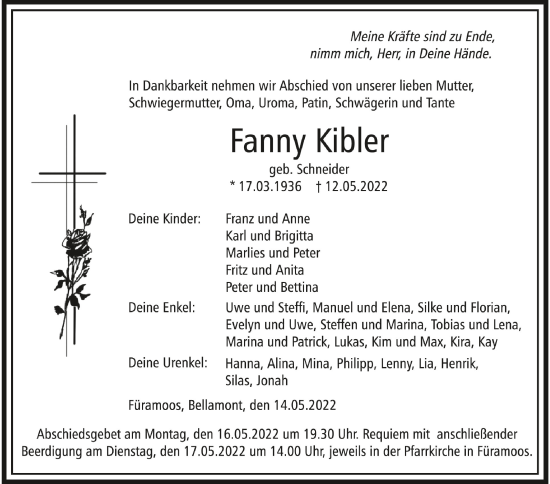 Anzeige von Fanny Kibler von Schwäbische Zeitung