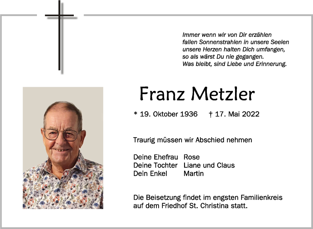  Traueranzeige für Franz Metzler vom 21.05.2022 aus Schwäbische Zeitung