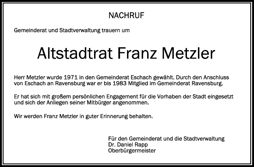  Traueranzeige für Franz Metzler vom 27.05.2022 aus Schwäbische Zeitung