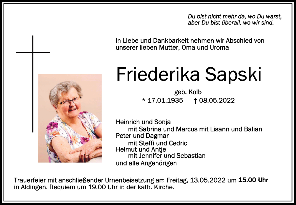  Traueranzeige für Friederika Sapski vom 11.05.2022 aus Schwäbische Zeitung