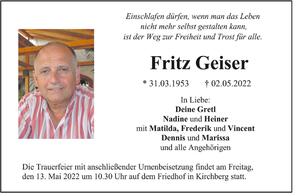  Traueranzeige für Fritz Geiser vom 10.05.2022 aus Schwäbische Zeitung