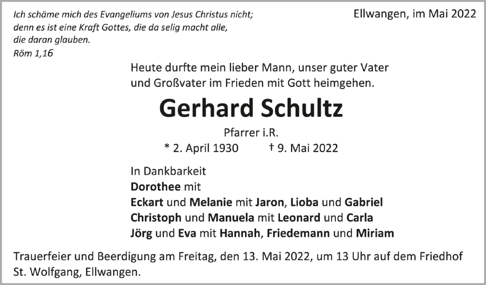  Traueranzeige für Gerhard Schultz vom 11.05.2022 aus Schwäbische Zeitung