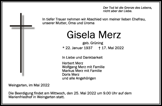 Anzeige von Gisela Merz von Schwäbische Zeitung