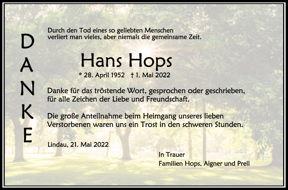  Traueranzeige für Hans Hops vom 21.05.2022 aus Schwäbische Zeitung