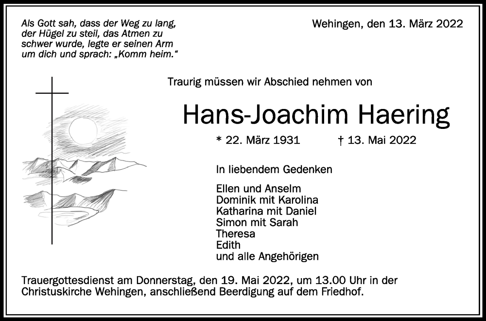  Traueranzeige für Hans-Joachim Haering vom 17.05.2022 aus Schwäbische Zeitung