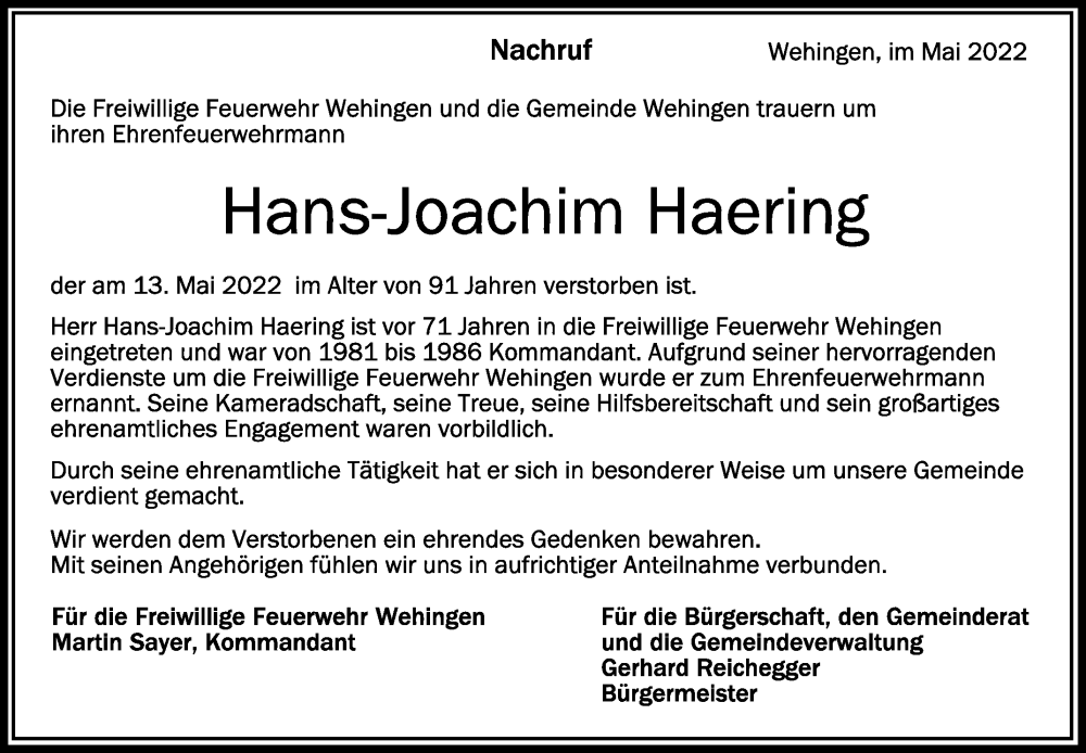  Traueranzeige für Hans-Joachim Haering vom 24.05.2022 aus Schwäbische Zeitung