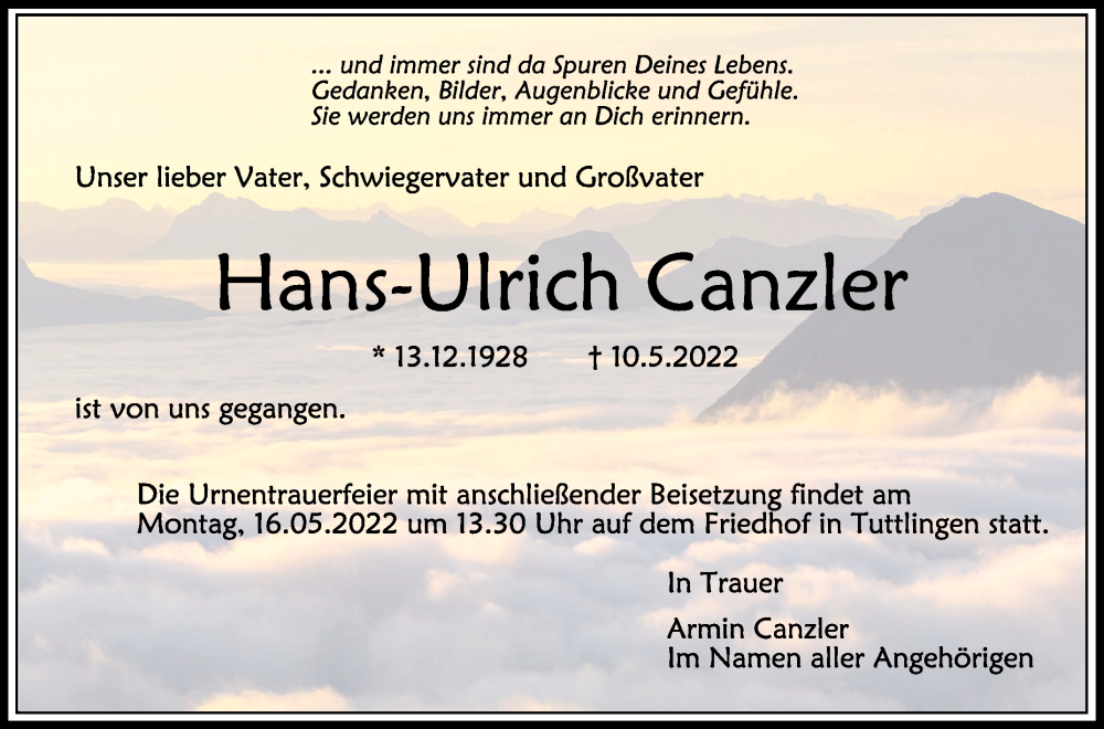  Traueranzeige für Hans-Ulrich Canzler vom 14.05.2022 aus Schwäbische Zeitung