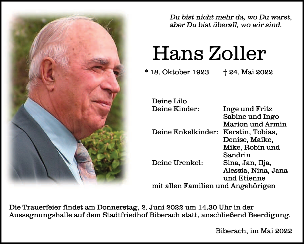  Traueranzeige für Hans Zoller vom 31.05.2022 aus Schwäbische Zeitung