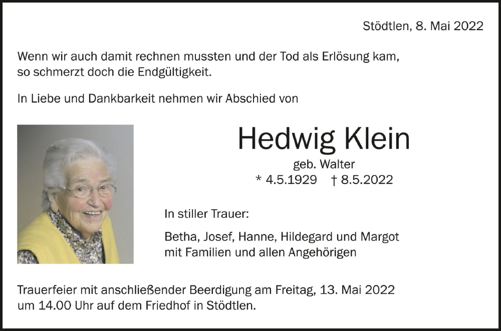  Traueranzeige für Hedwig Klein vom 11.05.2022 aus Schwäbische Zeitung
