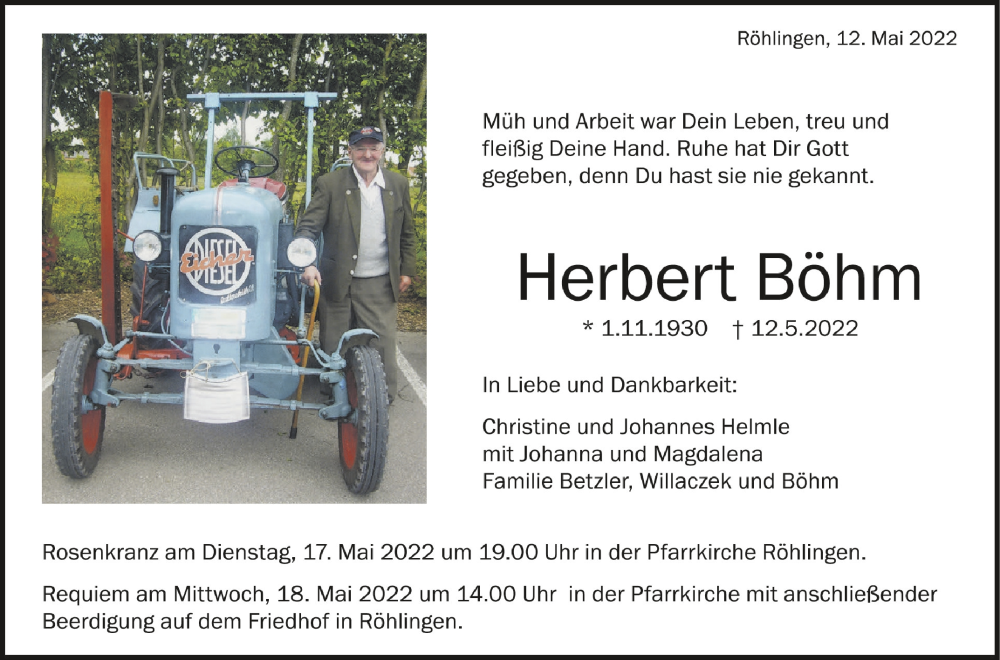 Traueranzeige für Herbert Böhm vom 16.05.2022 aus Schwäbische Zeitung