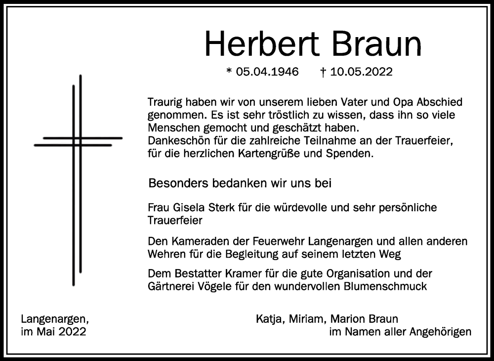  Traueranzeige für Herbert Braun vom 28.05.2022 aus Schwäbische Zeitung