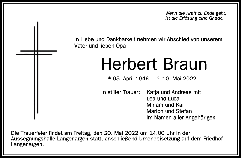  Traueranzeige für Herbert Braun vom 14.05.2022 aus Schwäbische Zeitung