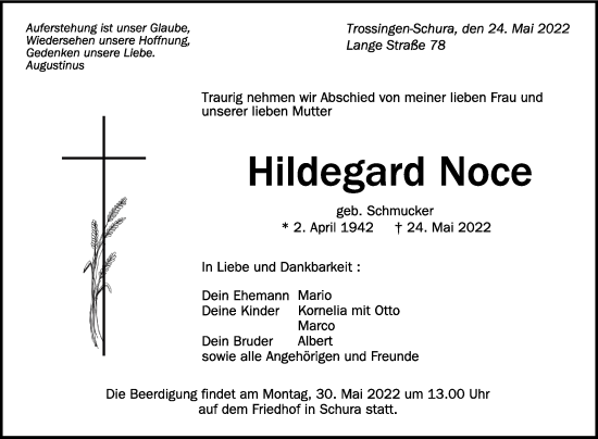 Anzeige von Hildegard Noce von Schwäbische Zeitung